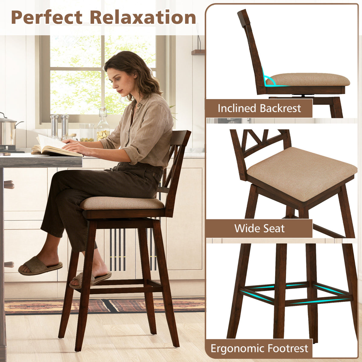 Counter Height Barstools Set of 2 with Backrest, Oak - 29 Inches