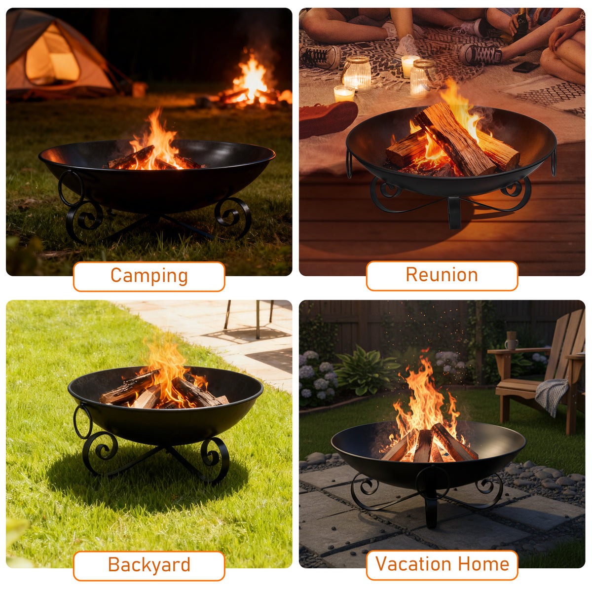 24 Inch Fire Pit Bowl - Heavy-Duty Metal Wood-Burning Firepit