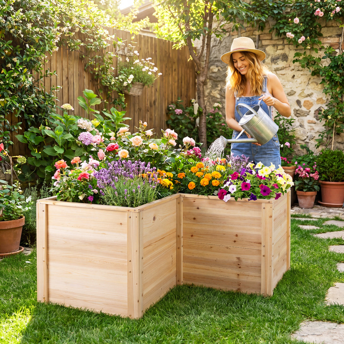 24 Inch L-Shaped Wooden Raised Garden Bed with Open-Ended Base