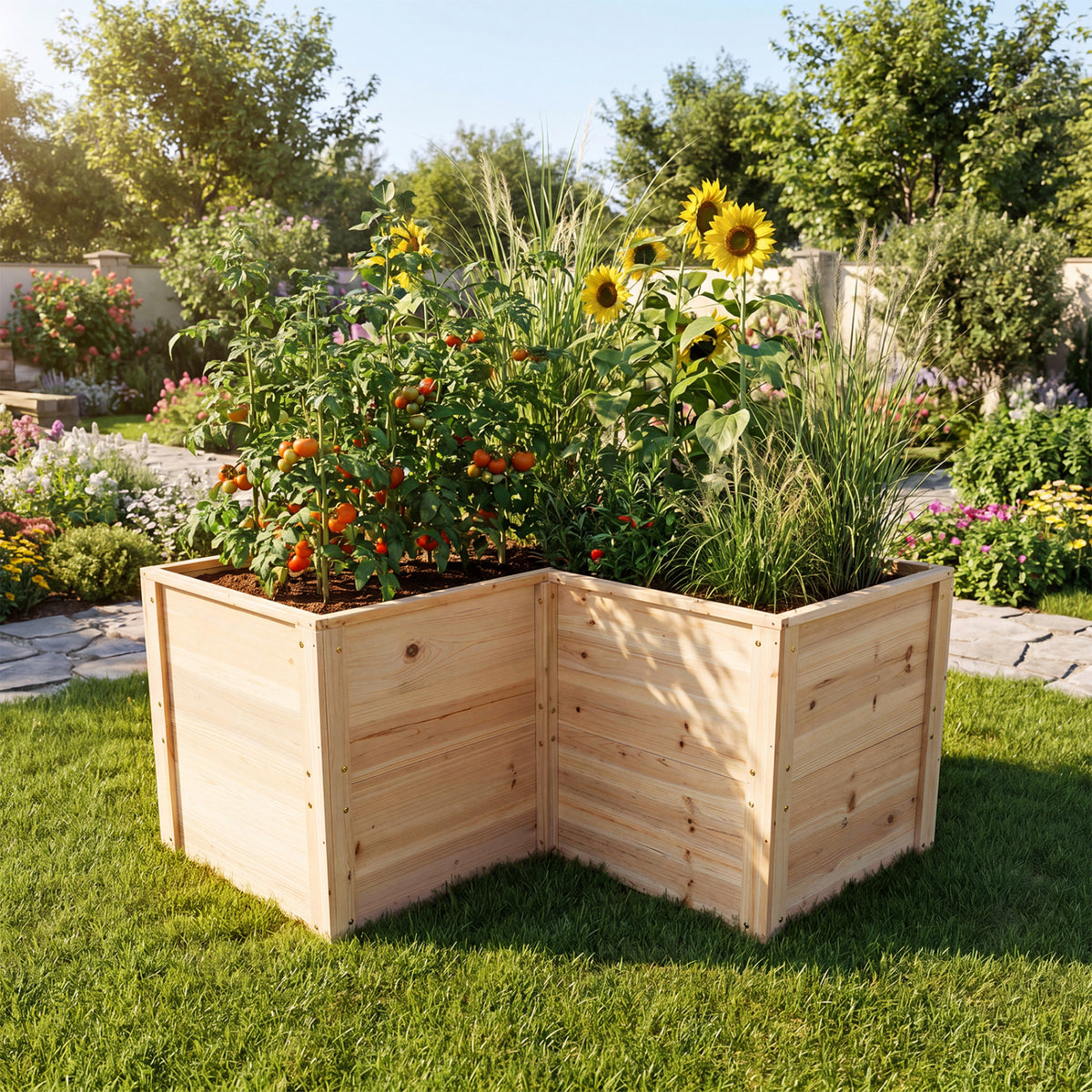24 Inch L-Shaped Wooden Raised Garden Bed with Open-Ended Base