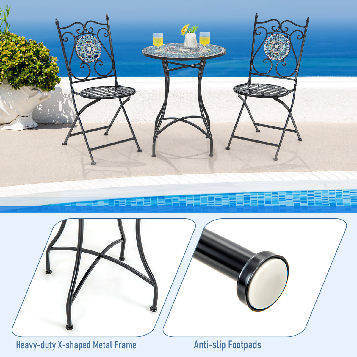 24 Inch Patio Bistro Table with Ceramic Tile Tabletop
