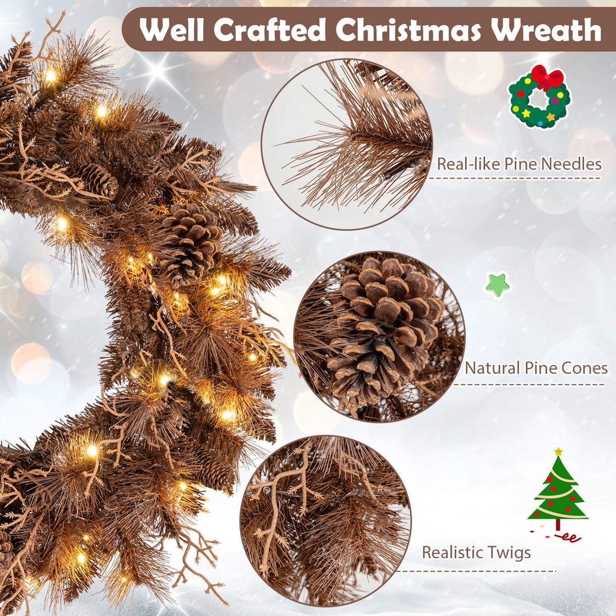Set of 1 24-Inch Pre-lit Christmas Wreath with 105 Tips & Warm White LED Lights