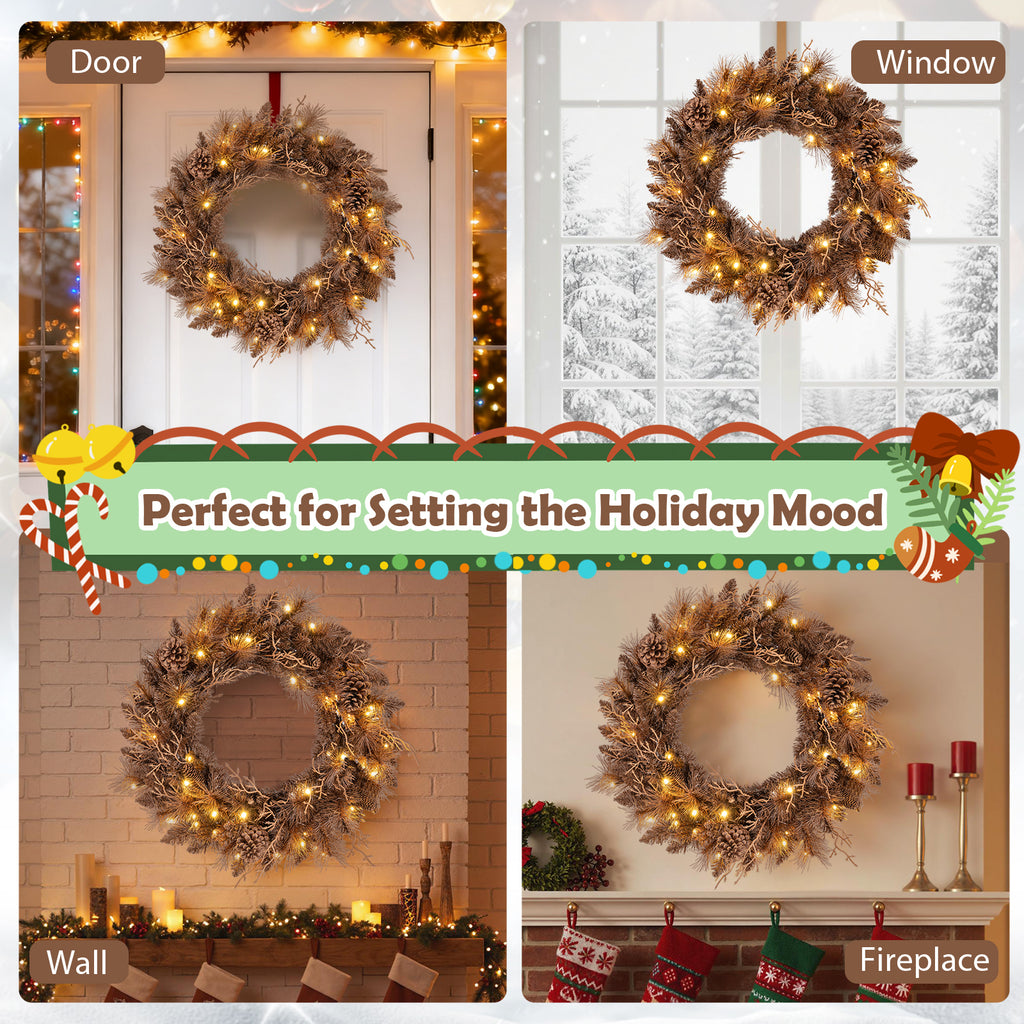 Set of 1 24-Inch Pre-lit Christmas Wreath with 105 Tips & Warm White LED Lights