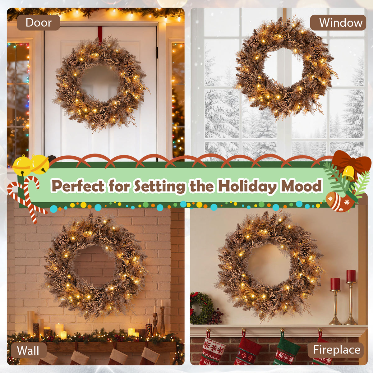 Set of 1 24-Inch Pre-lit Christmas Wreath with 105 Tips & Warm White LED Lights