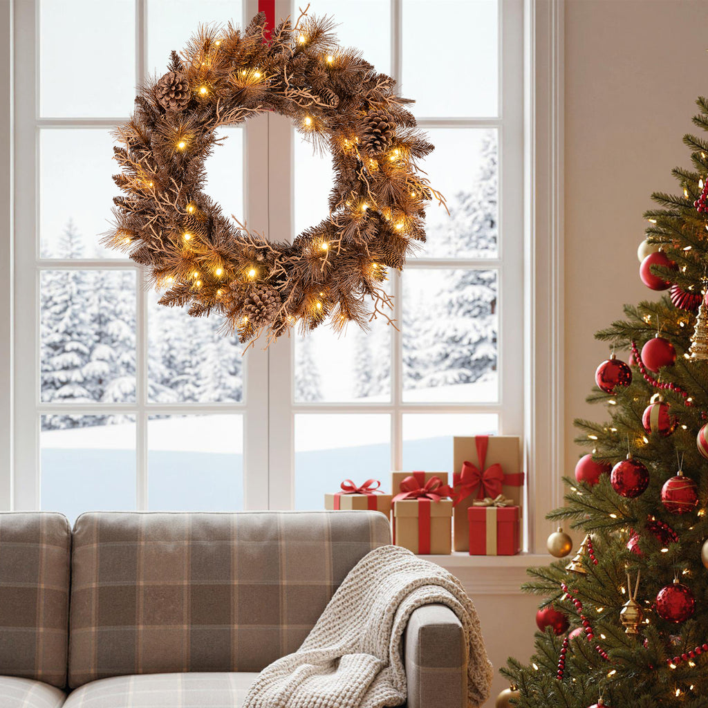 Set of 1 24-Inch Pre-lit Christmas Wreath with 105 Tips & Warm White LED Lights