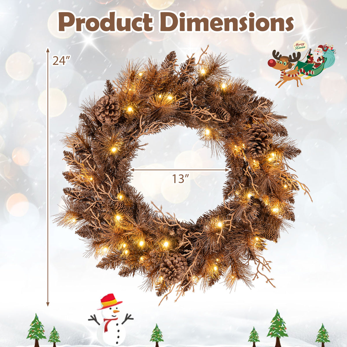 Set of 1 24-Inch Pre-lit Christmas Wreath with 105 Tips & Warm White LED Lights