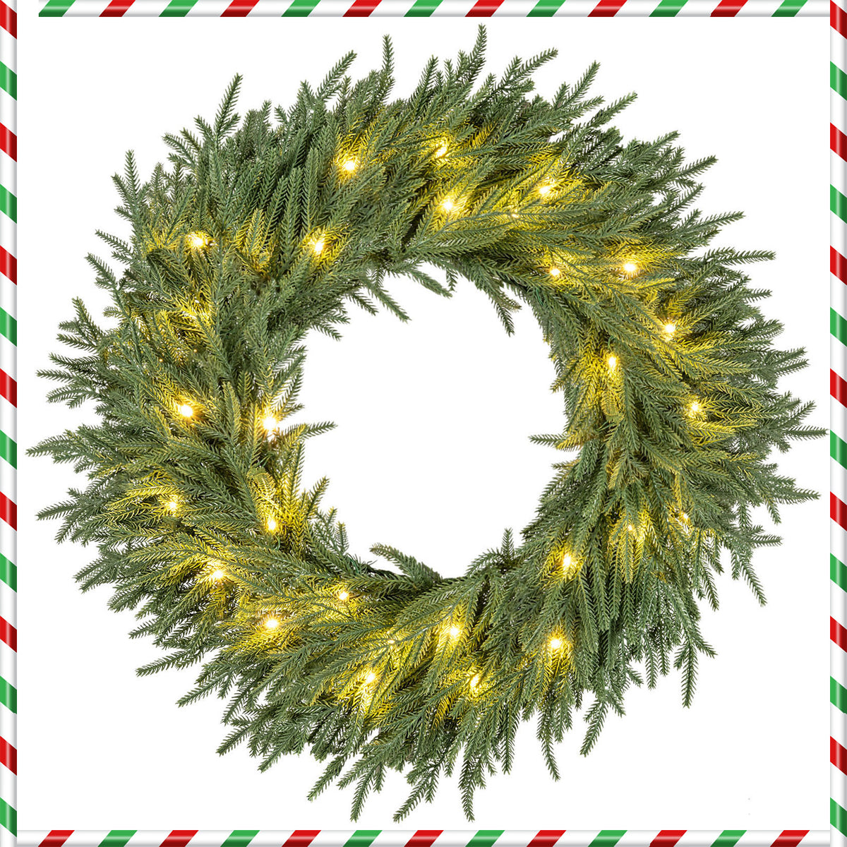 24 Inch Pre-lit Christmas Wreath with 108 Tips & 35 LED Lights – Set of 1