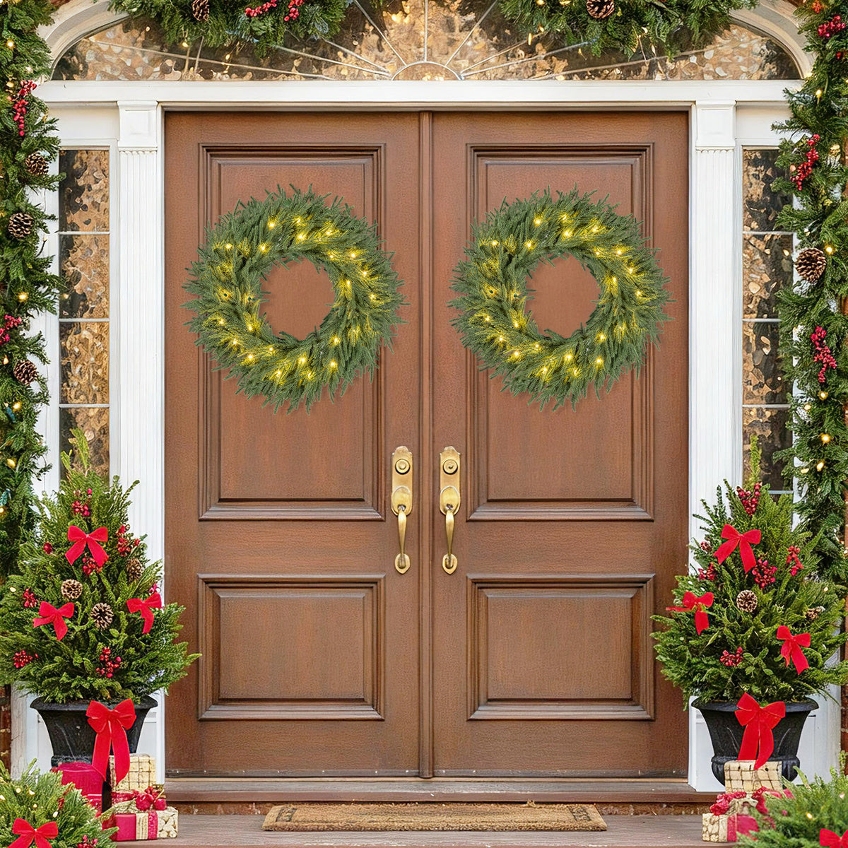 24 Inch Pre-lit Christmas Wreath with 108 Tips & 35 LED Lights – Set of 1