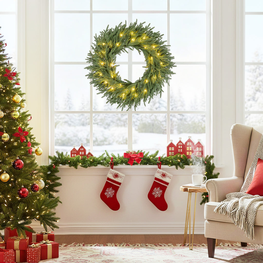 24 Inch Pre-lit Christmas Wreath with 108 Tips & 35 LED Lights – Set of 1