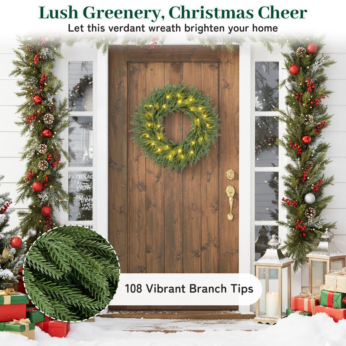 24 Inch Pre-lit Christmas Wreath with 108 Tips & 35 LED Lights – Set of 1