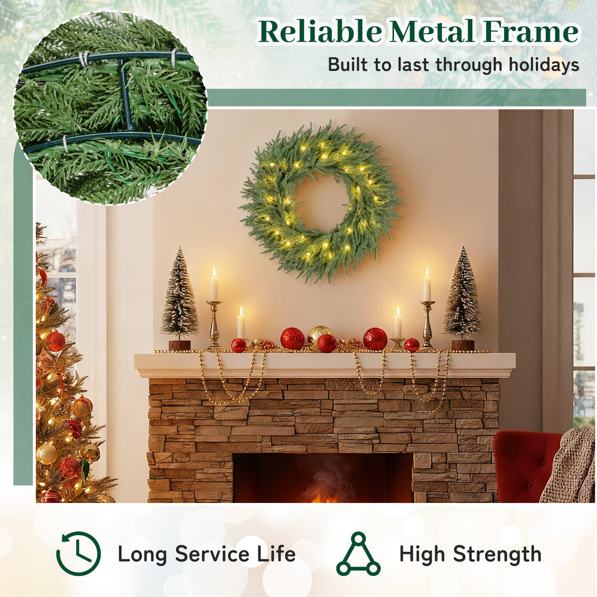 24 Inch Pre-lit Christmas Wreath with 108 Tips & 35 LED Lights – Set of 1