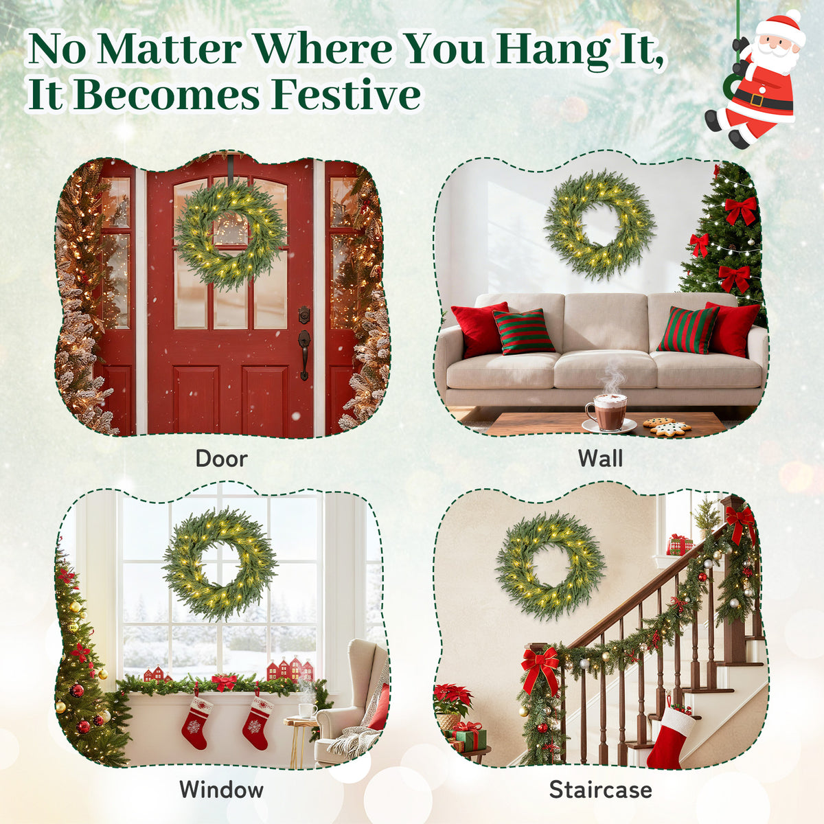 24 Inch Pre-lit Christmas Wreath with 108 Tips & 35 LED Lights – Set of 1