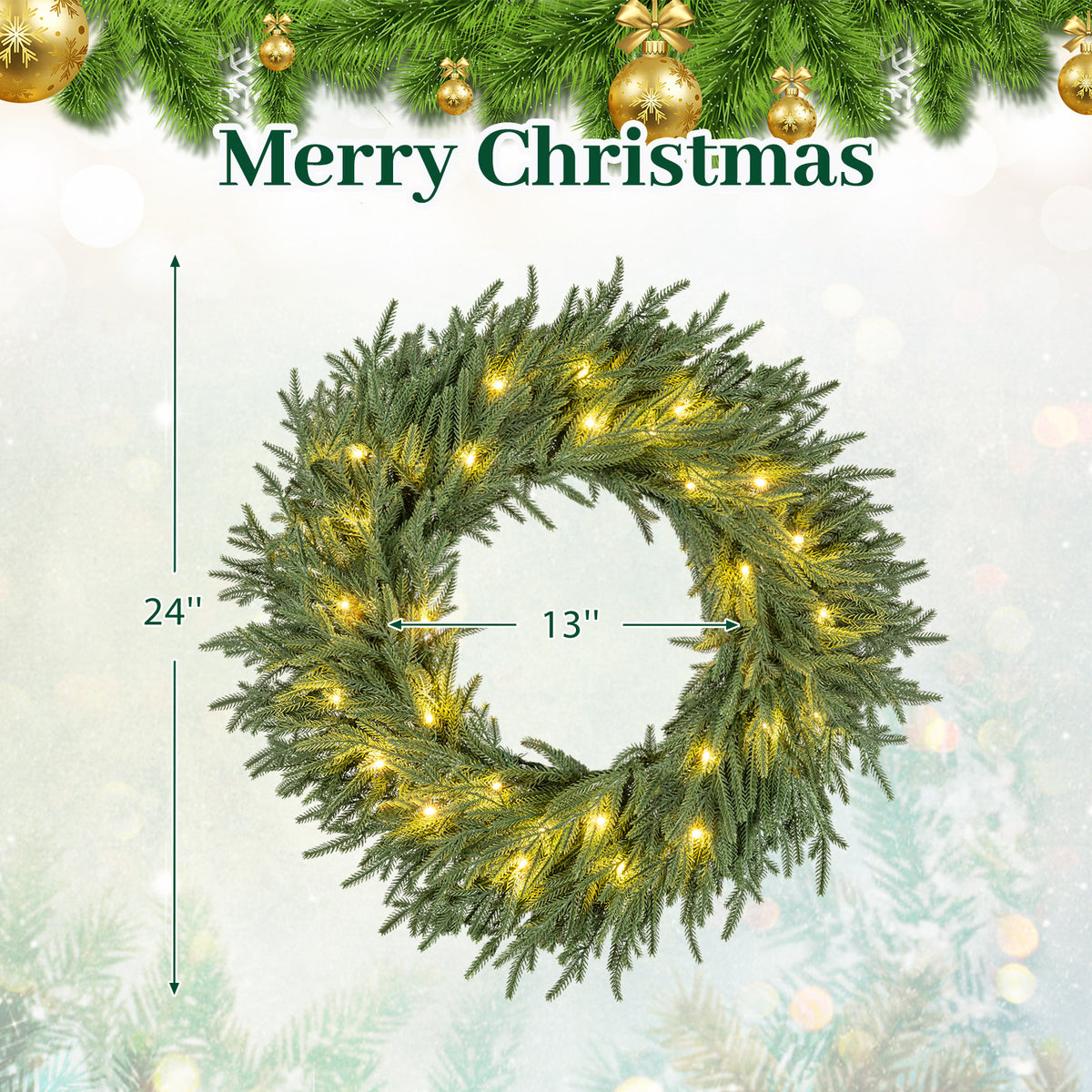 24 Inch Pre-lit Christmas Wreath with 108 Tips & 35 LED Lights – Set of 1