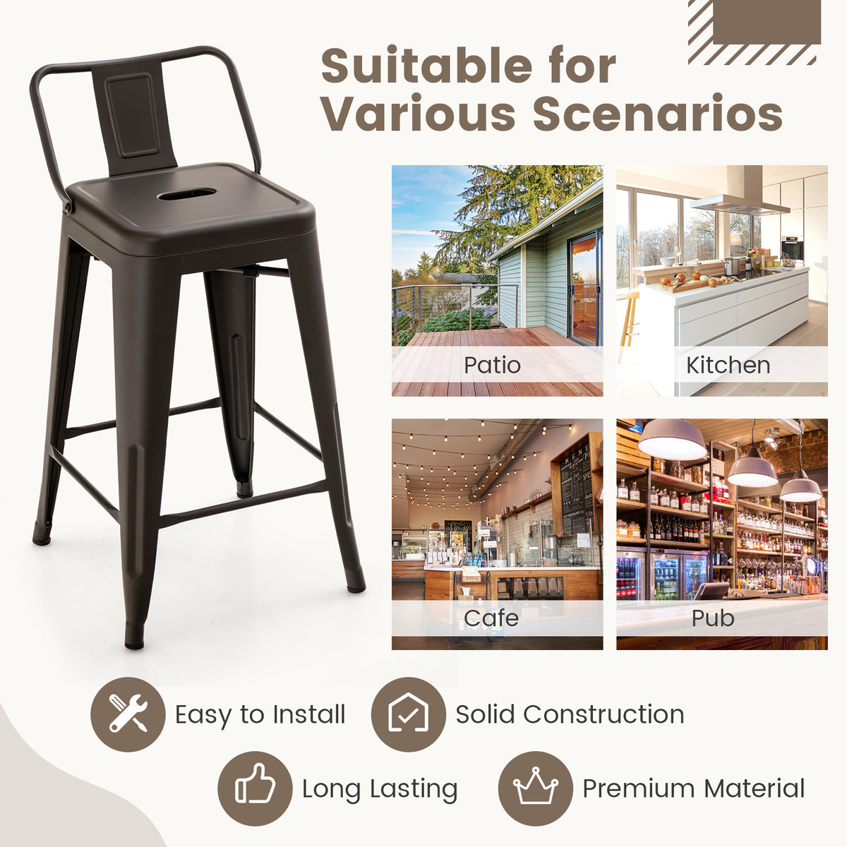 24 Inch Cafe Side Chair with Removable Back - Gun Middle Back