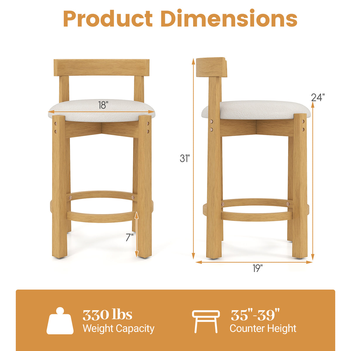 24" Counter Height Bar Stools Set of 2 - Teddy Velvet with Backrest