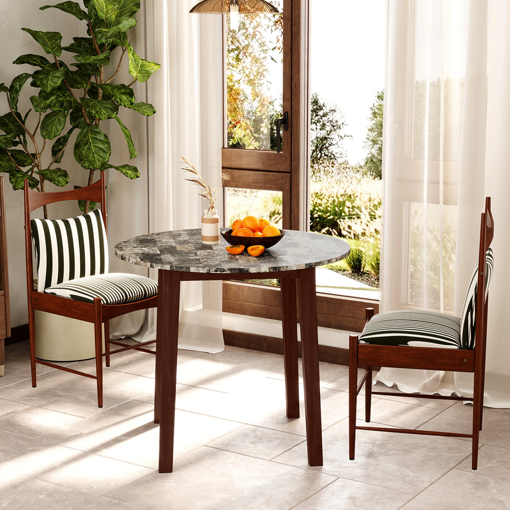 35 Inch Round Dining Table, Marble-Textured Veneer, Brown