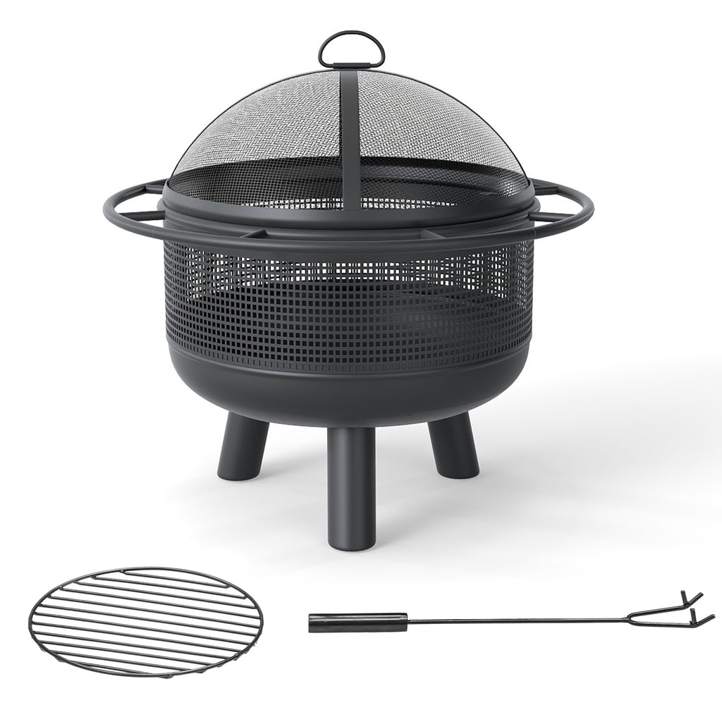 24 Inch Wood Burning Fire Pit with Log Grate and Mesh Screen for