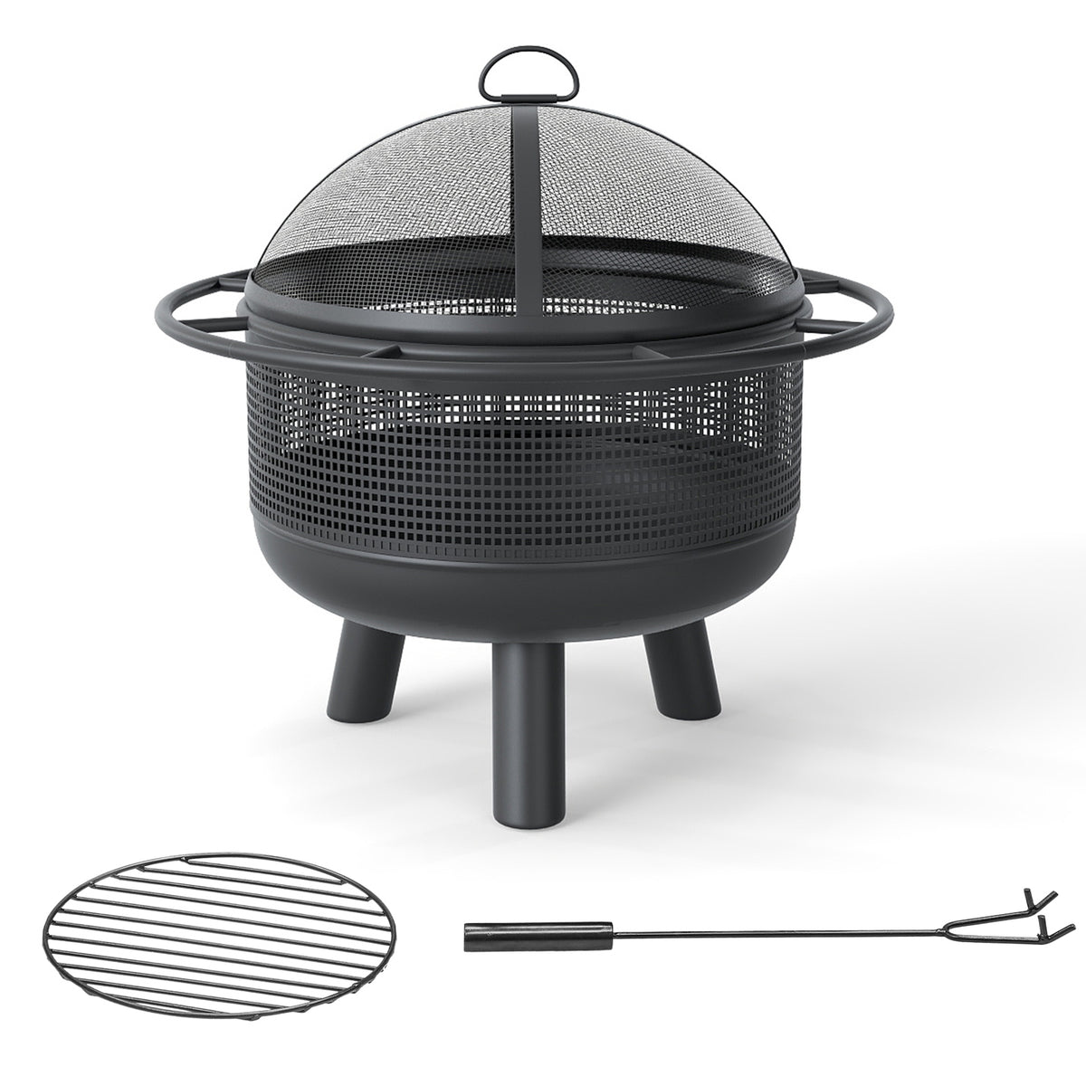 24 Inch Wood Burning Fire Pit with Log Grate and Mesh Screen for