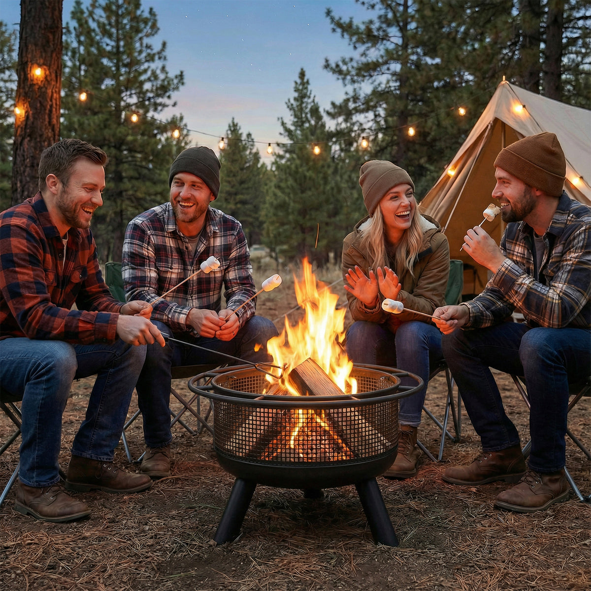 24 Inch Wood Burning Fire Pit with Log Grate and Mesh Screen for