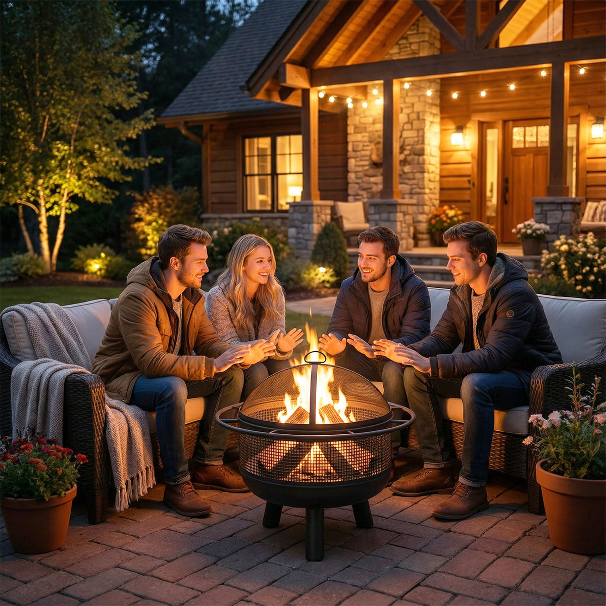 24 Inch Wood Burning Fire Pit with Log Grate and Mesh Screen for