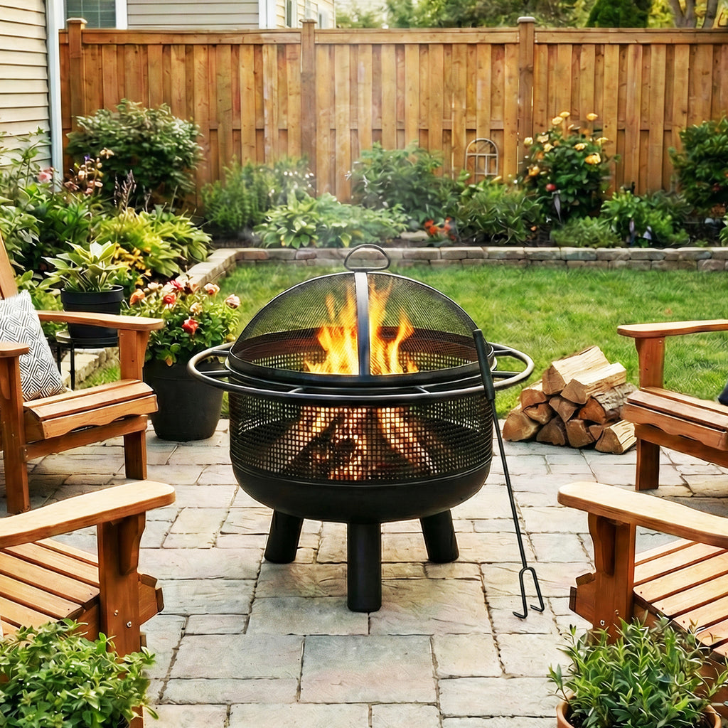 24 Inch Wood Burning Fire Pit with Log Grate and Mesh Screen for