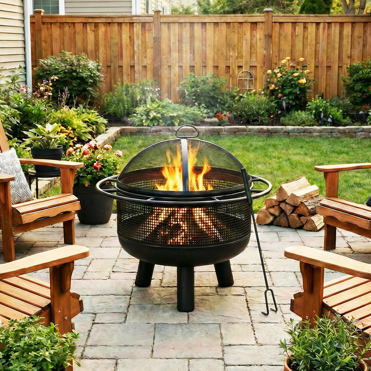 24 Inch Wood Burning Fire Pit with Log Grate and Mesh Screen for