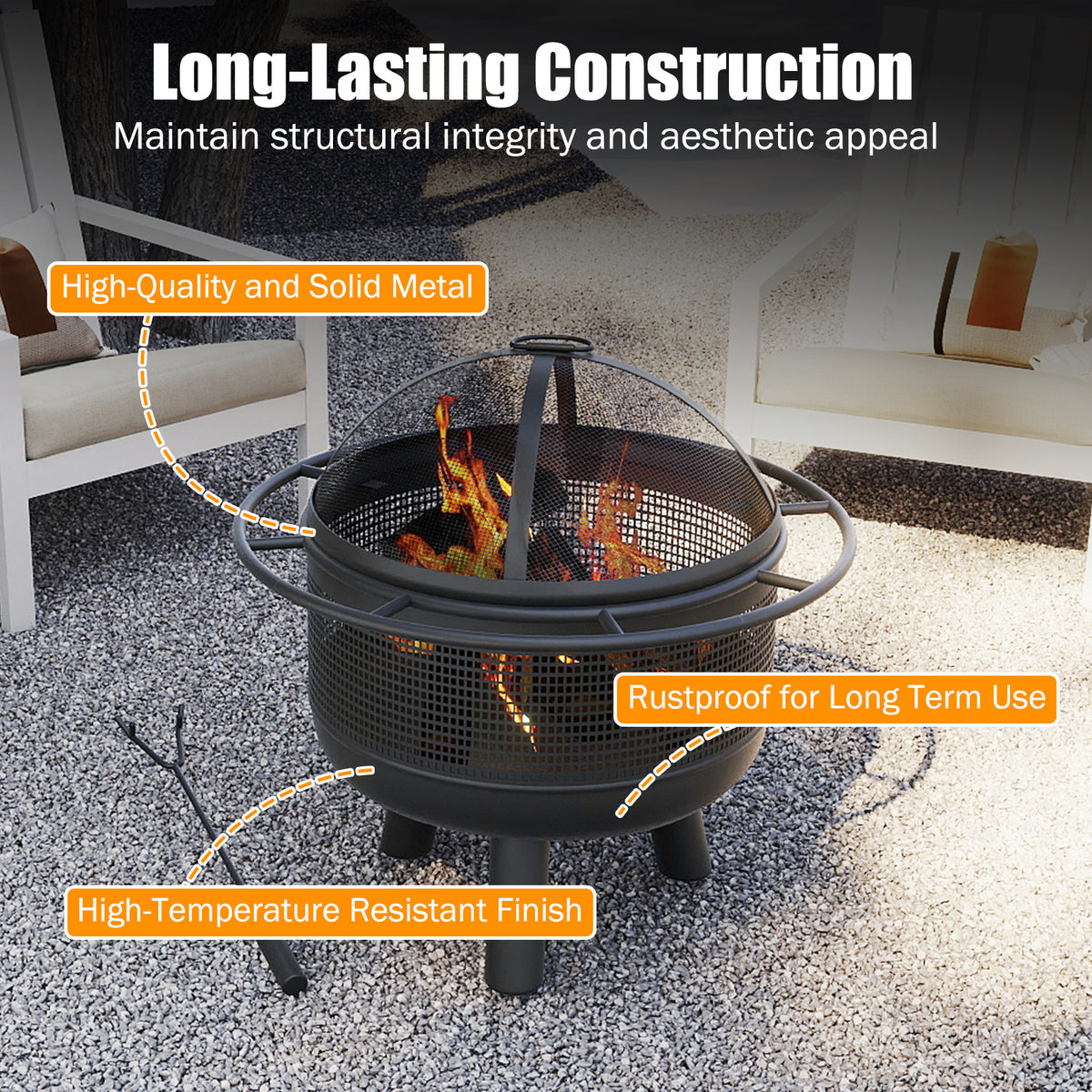24 Inch Wood Burning Fire Pit with Log Grate and Mesh Screen for