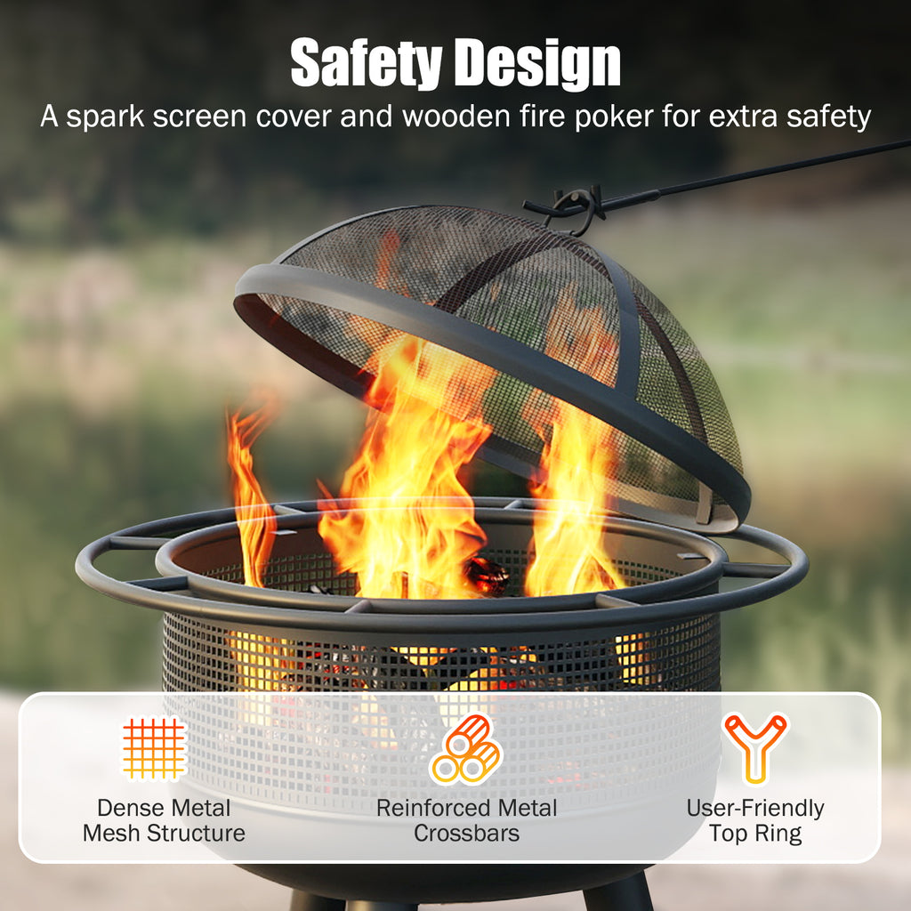 24 Inch Wood Burning Fire Pit with Log Grate and Mesh Screen for
