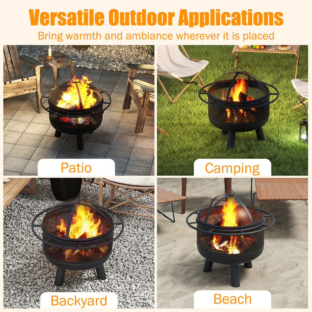 24 Inch Wood Burning Fire Pit with Log Grate and Mesh Screen for