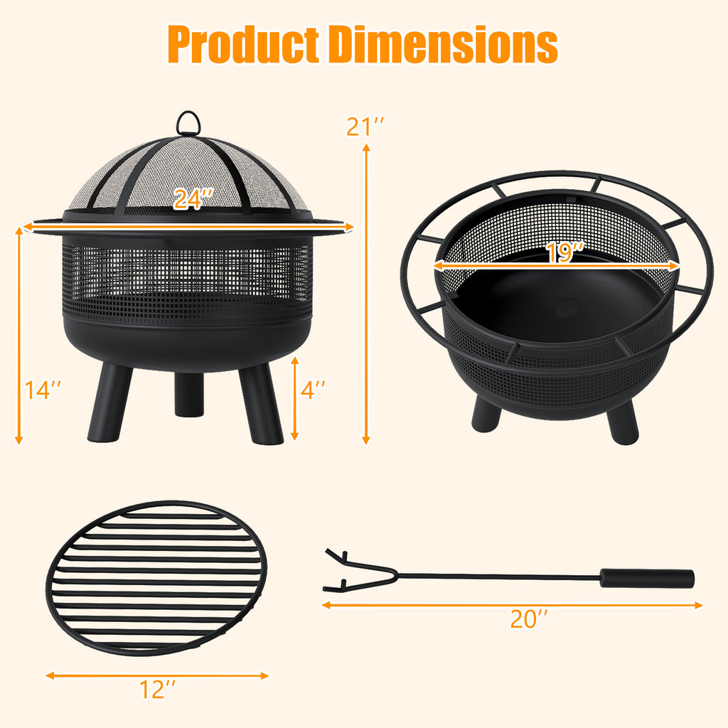 24 Inch Wood Burning Fire Pit with Log Grate and Mesh Screen for
