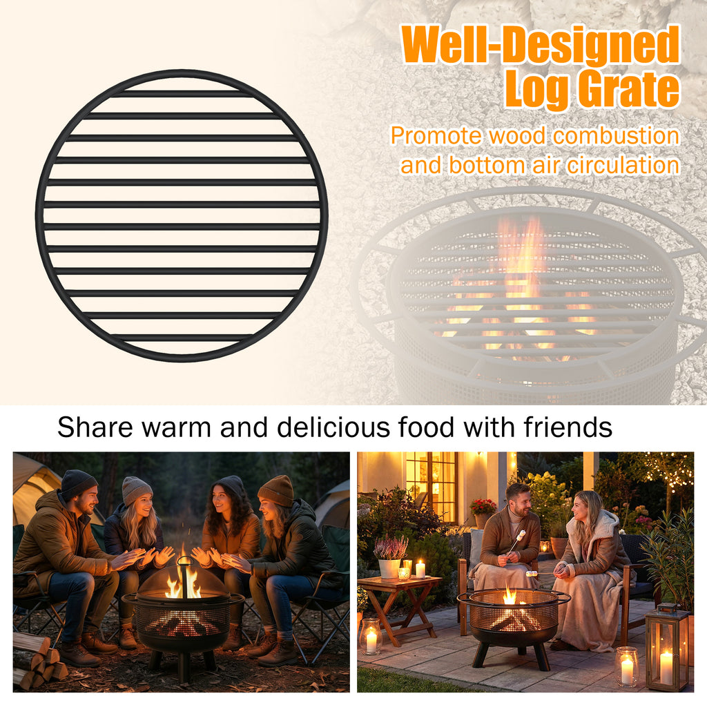 24 Inch Wood Burning Fire Pit with Log Grate and Mesh Screen for