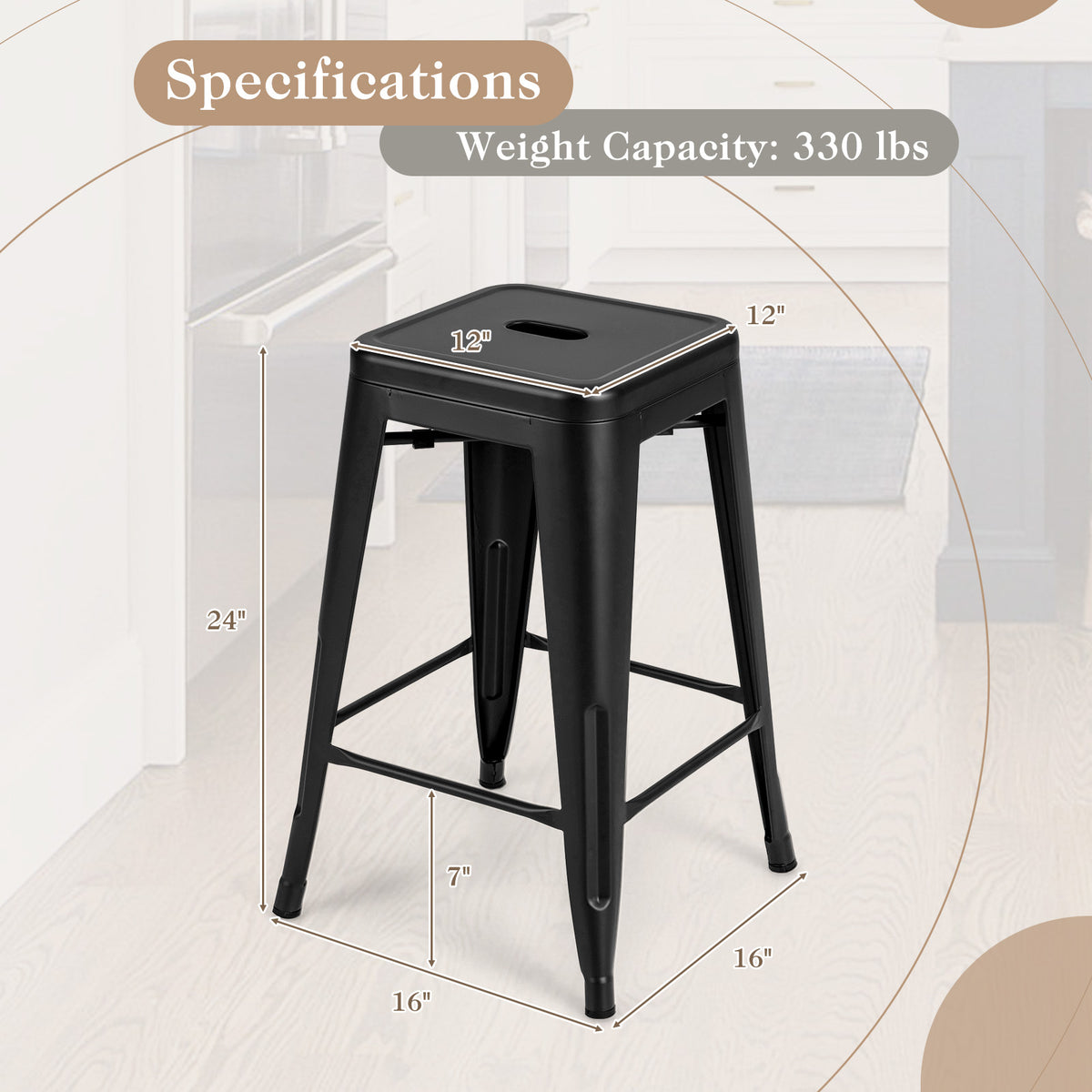 24" Counter Height Metal Bar Stools Set of 4, Backless Black