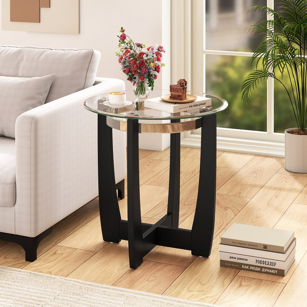 24-Inch Round Side Table with Tempered Glass Top - Black
