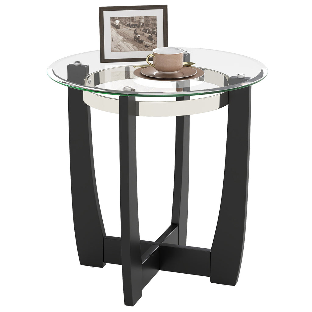 24-Inch Round Side Table with Tempered Glass Top, Black