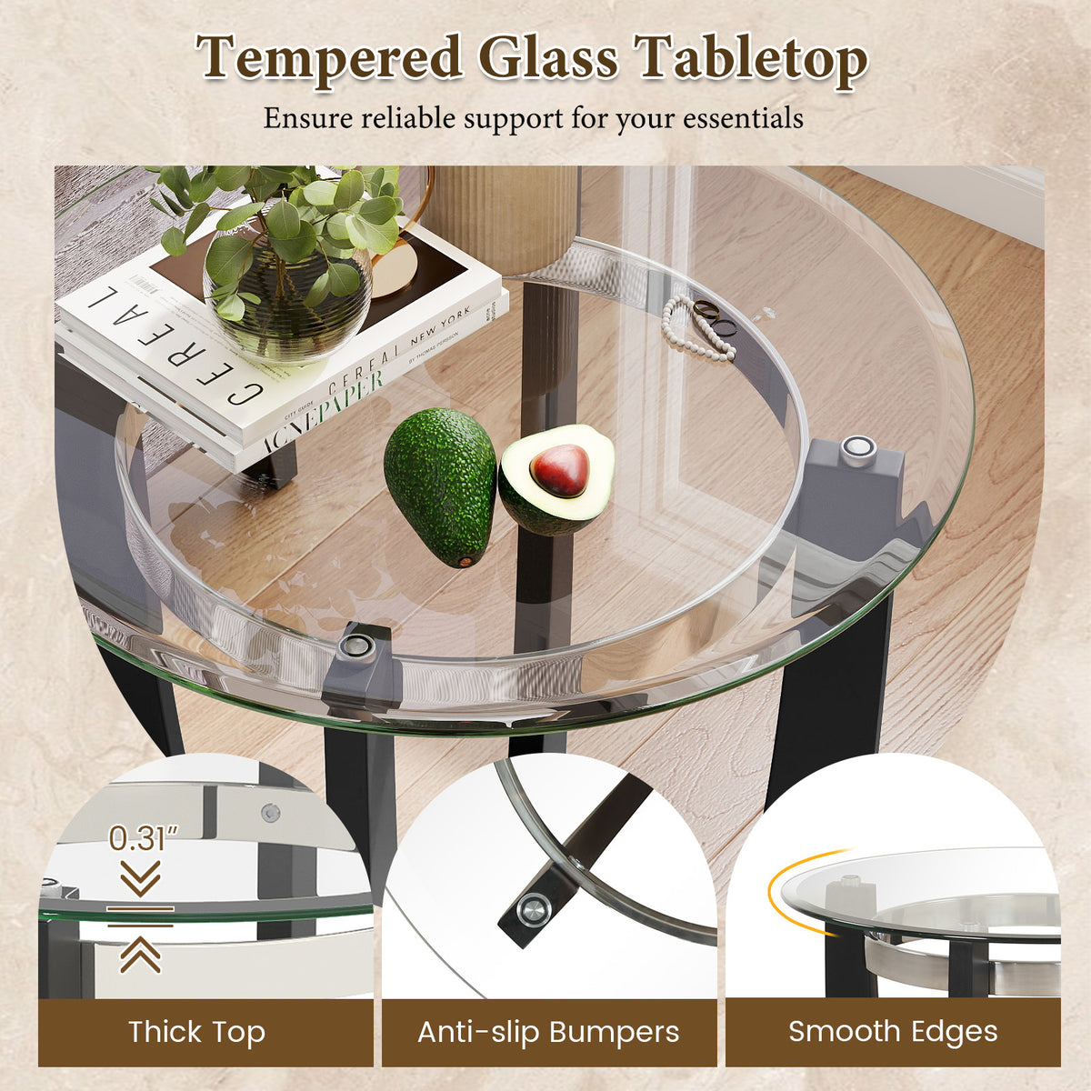 24-Inch Round Side Table with Tempered Glass Top - Black