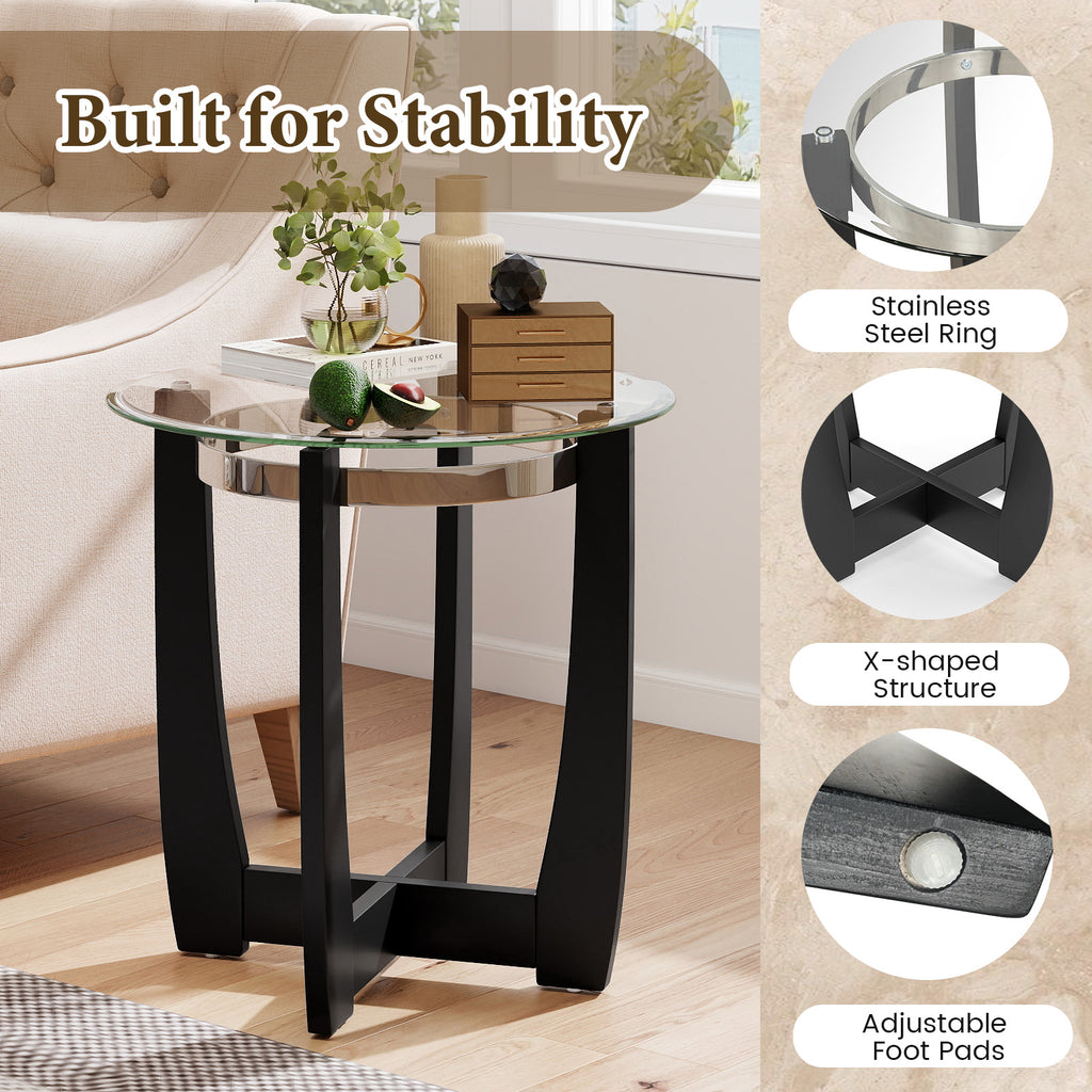 24-Inch Round Side Table with Tempered Glass Top - Black