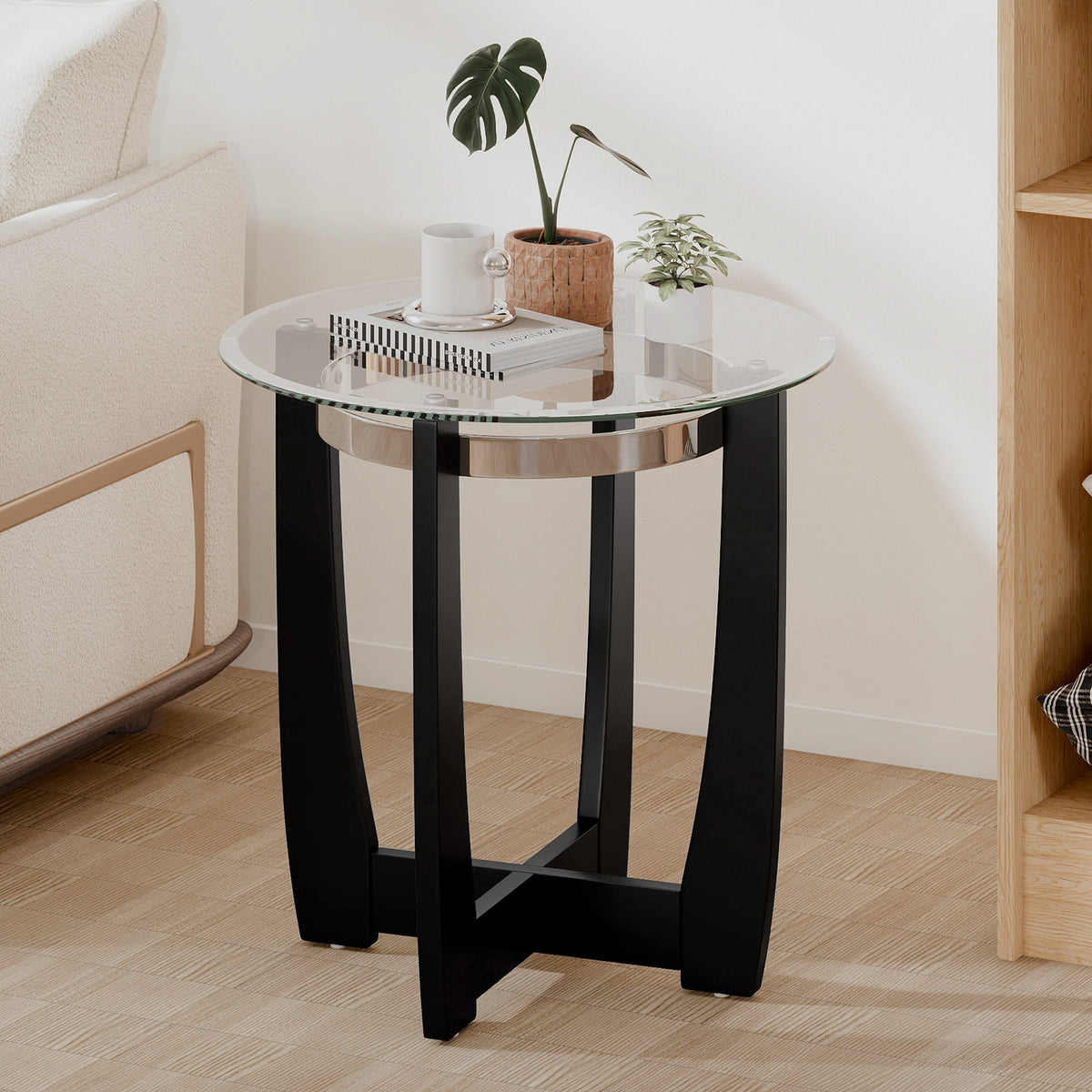 24-Inch Round Side Table with Tempered Glass Top - Black