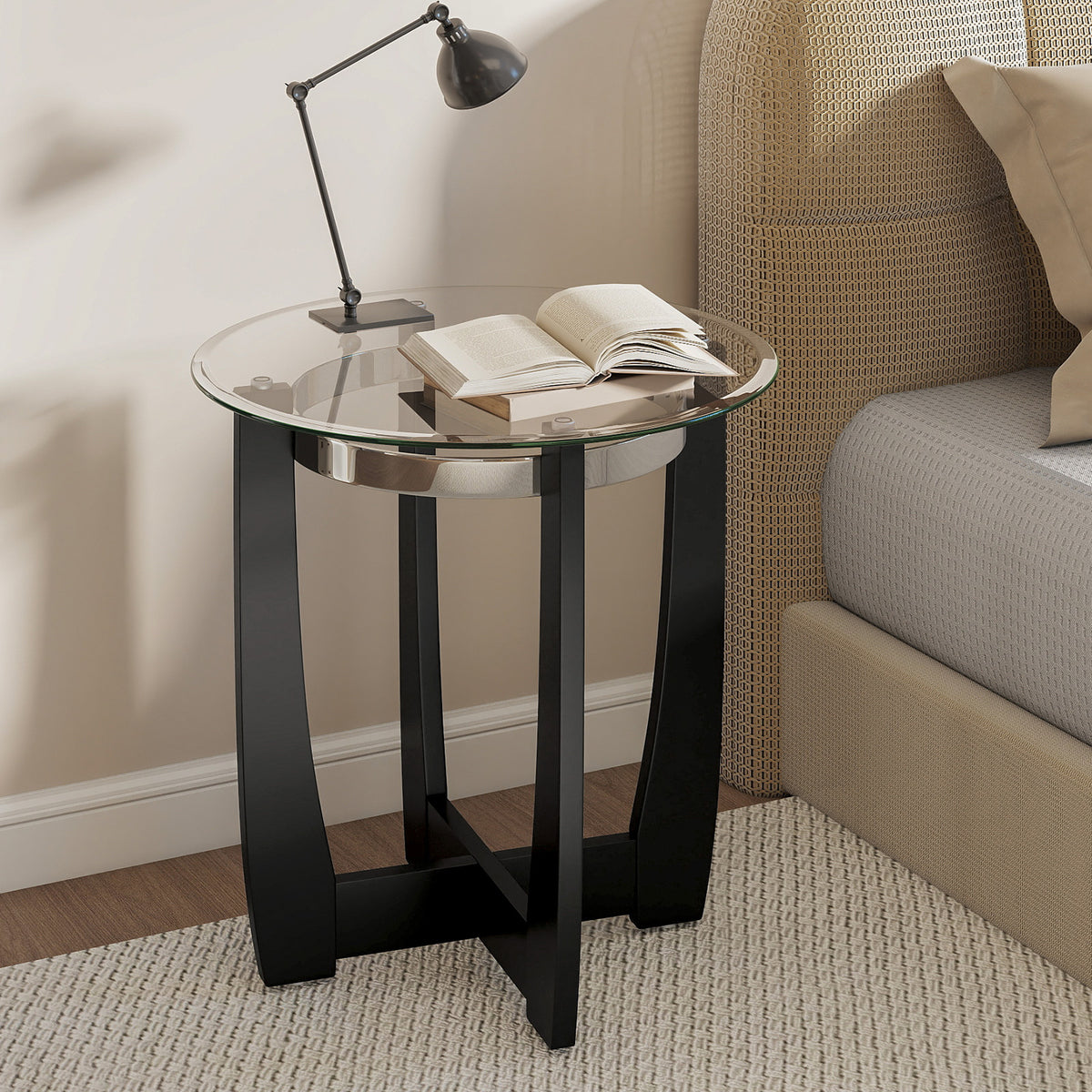 24-Inch Round Side Table with Tempered Glass Top - Black