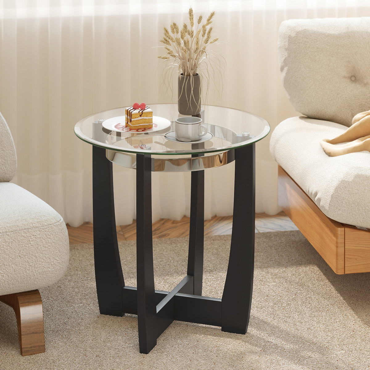 24-Inch Round Side Table with Tempered Glass Top - Black