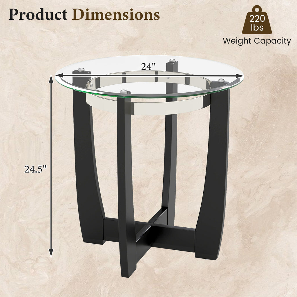 24-Inch Round Side Table with Tempered Glass Top, Black