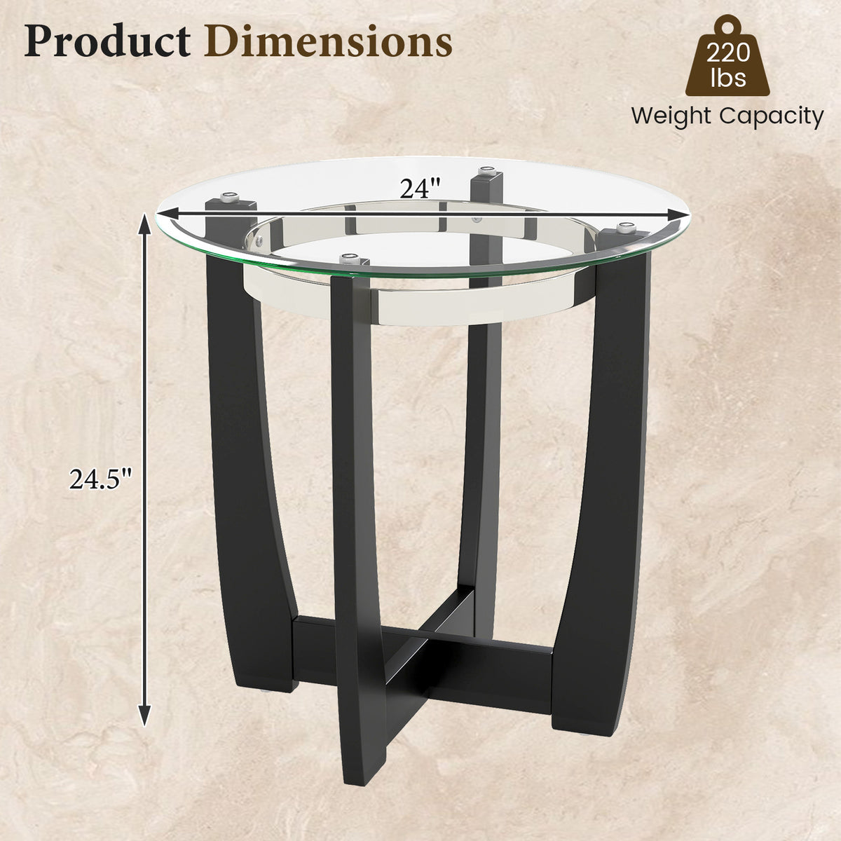 24-Inch Round Side Table with Tempered Glass Top, Black