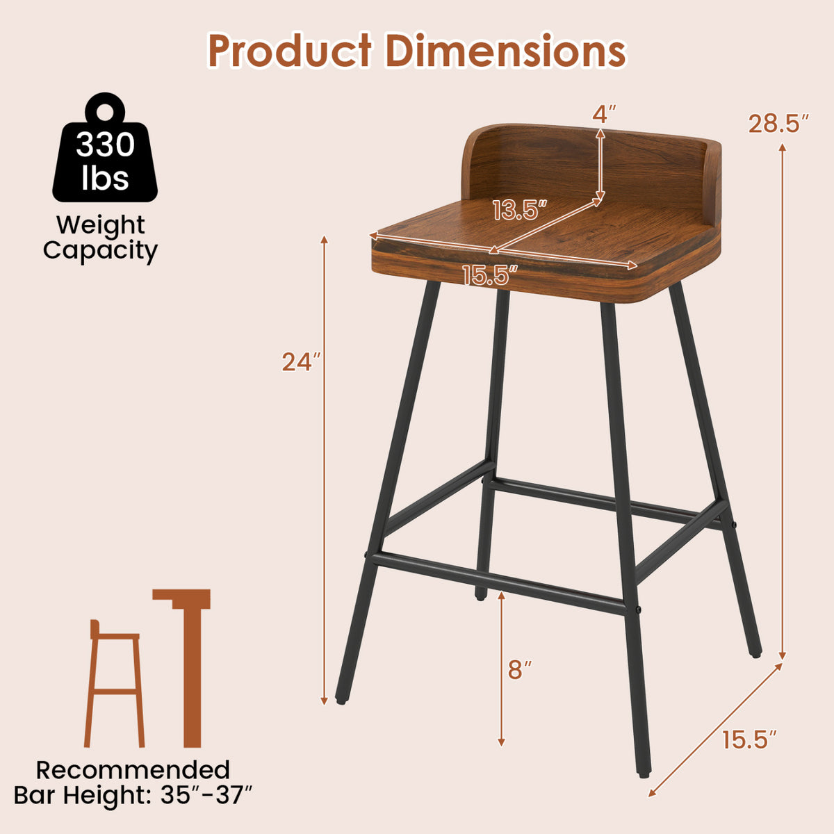 24" Industrial Bar Stool with Wood Seat & Metal Legs - 1 Piece