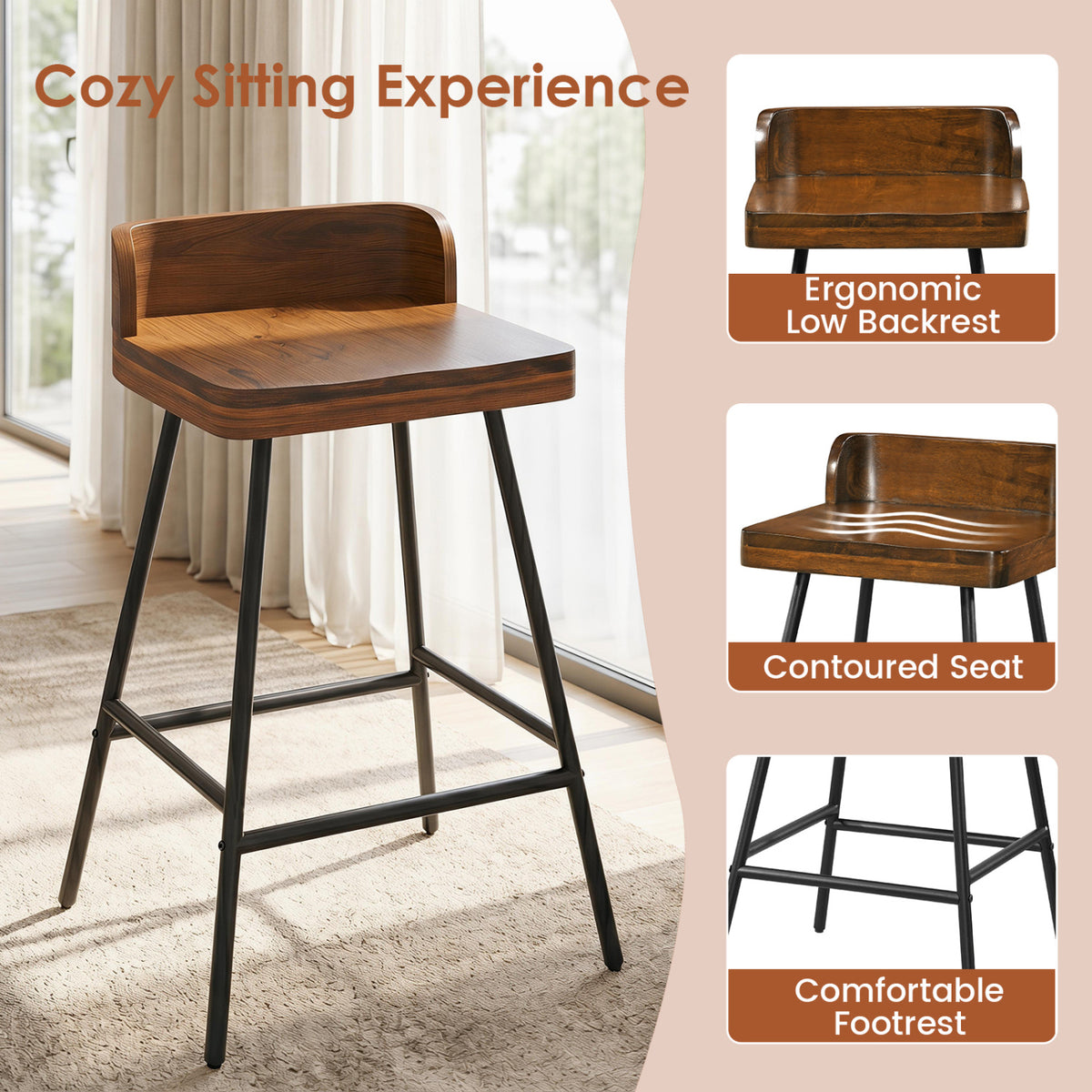 24" Industrial Bar Stool with Wood Seat & Metal Legs - 1 Piece