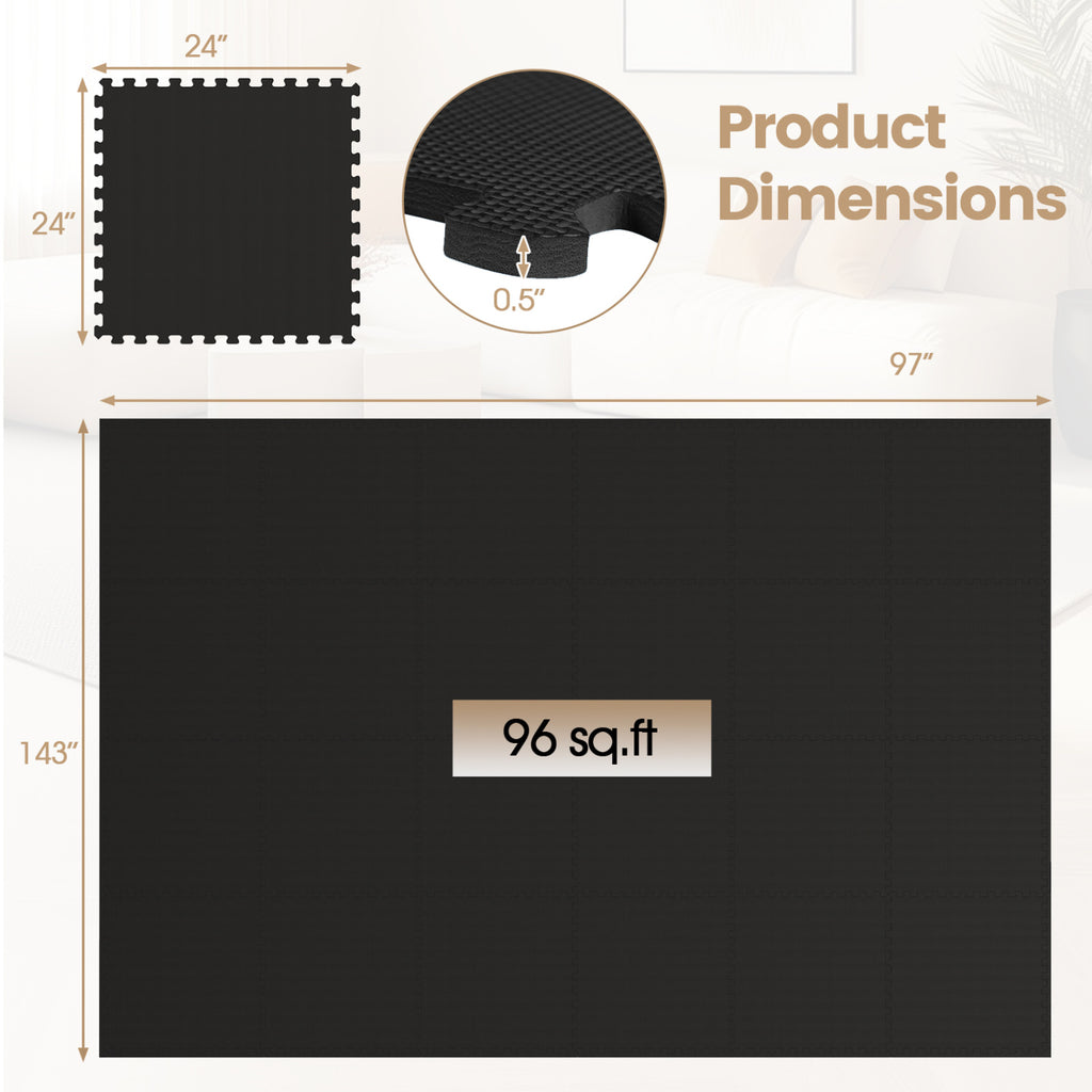 Black 24 Pack Non-Slip Interlocking EVA Foam Floor Tiles - Home & Gym Use