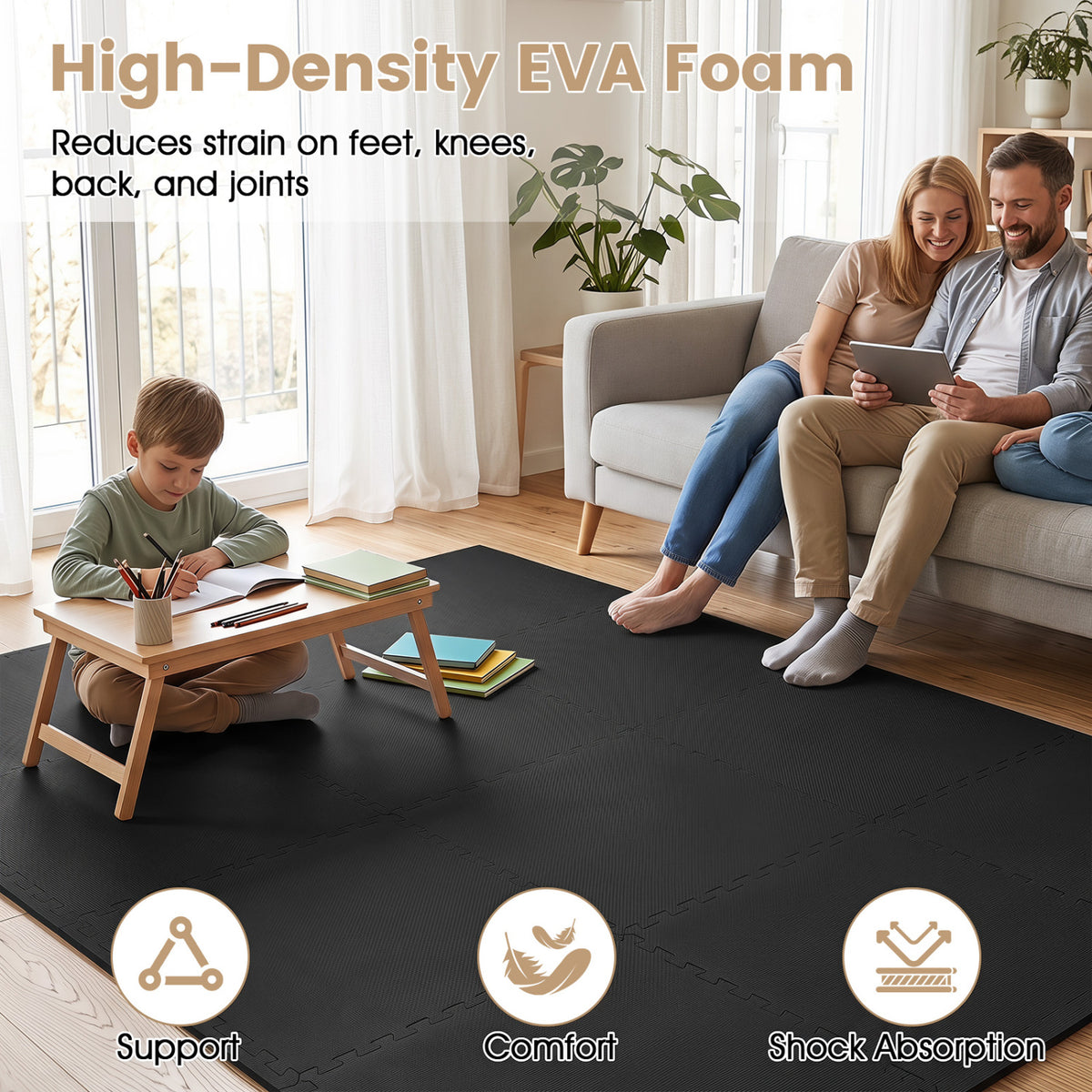 Black 24 Pack Non-Slip Interlocking EVA Foam Floor Tiles - Home & Gym Use