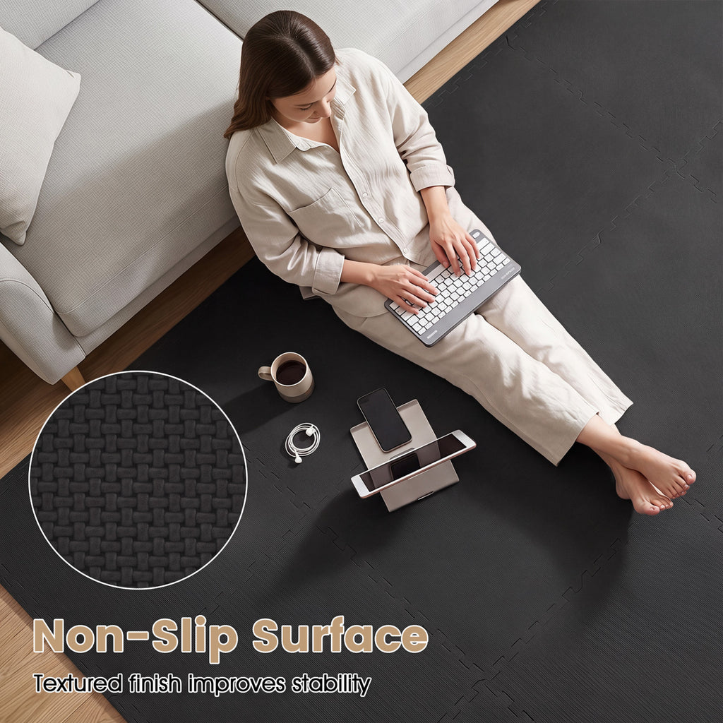 Black 24 Pack Non-Slip Interlocking EVA Foam Floor Tiles - Home & Gym Use