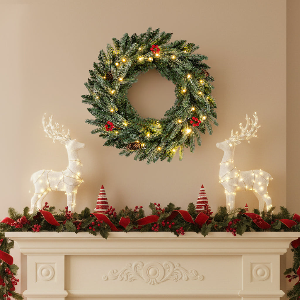24-Inch Pre-Lit Christmas Wreath with Frosted Branch Tips & LED Lights