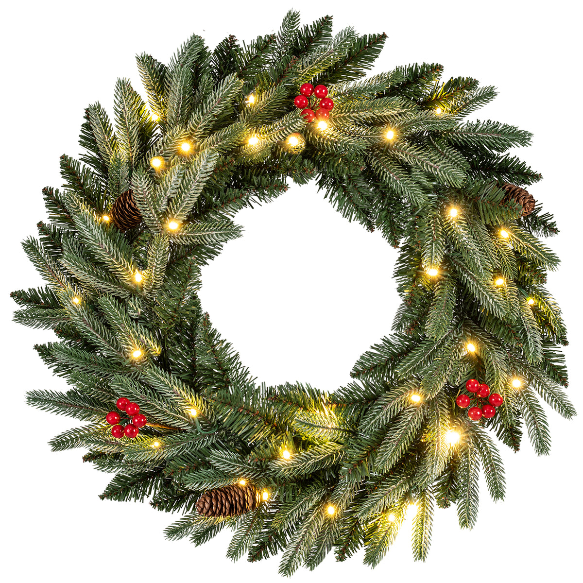 24-Inch Pre-Lit Christmas Wreath with Frosted Branch Tips & LED Lights
