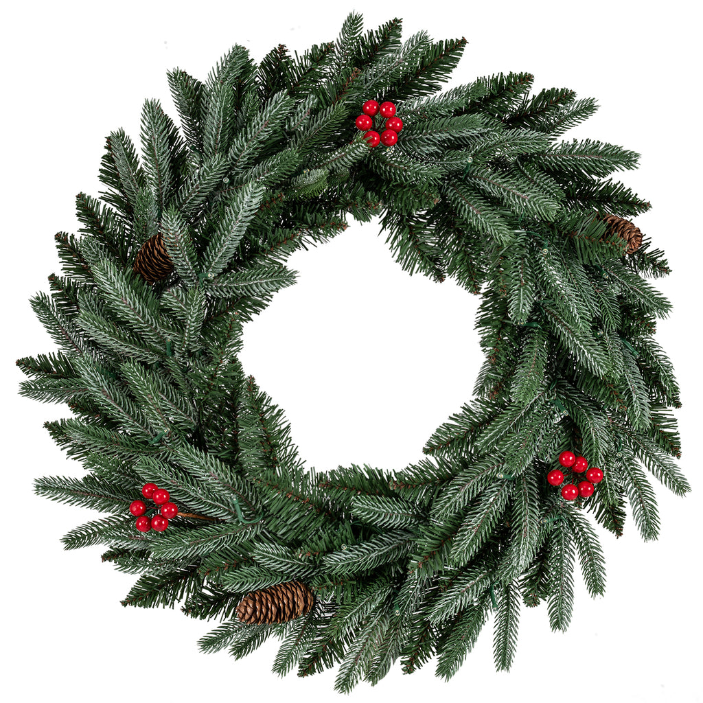 24-Inch Pre-Lit Christmas Wreath with Frosted Branch Tips & LED Lights