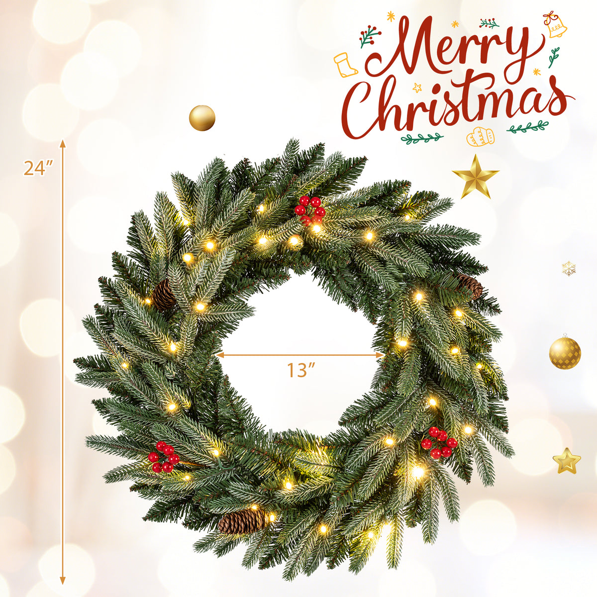 24-Inch Pre-Lit Christmas Wreath with Frosted Branch Tips & LED Lights